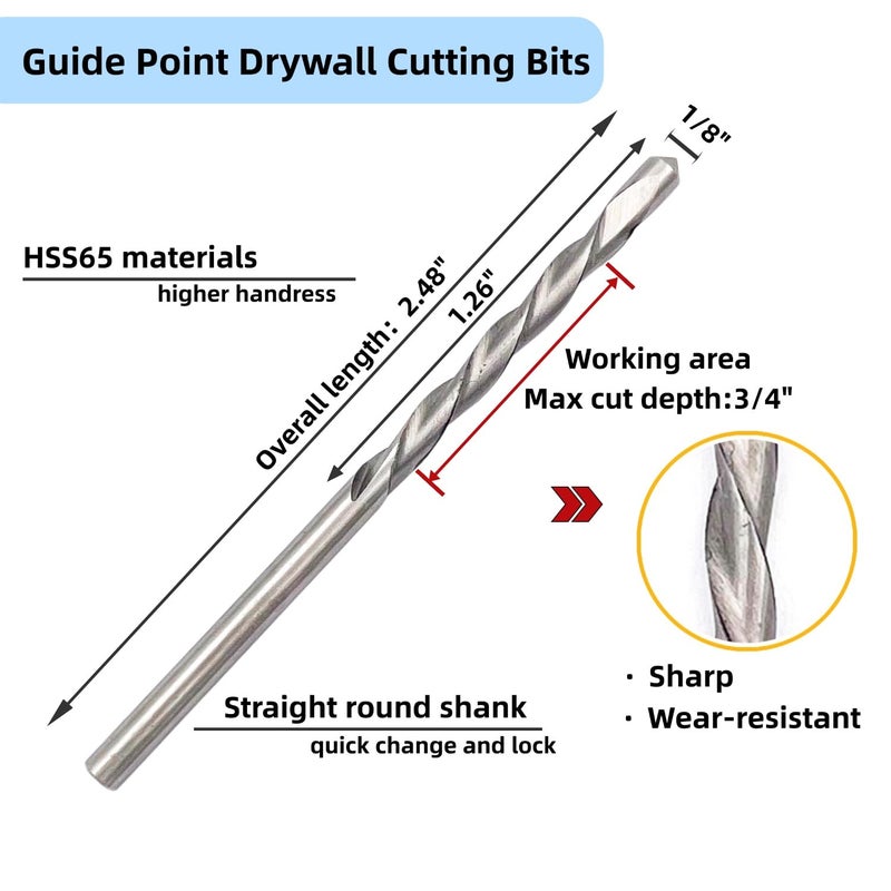 JFOGO 25 Pieces Drywall Cutting Tools 1/8 Inch Guide Point Cutting Bits,HSS65 Drill Bits, Cutting Drywall, Used for with Spiral Saw and Power Tools - Image 2